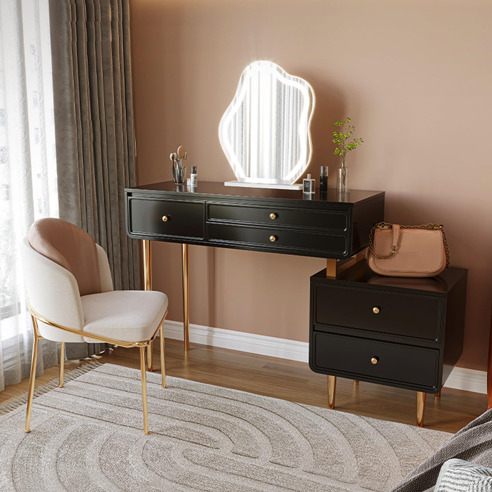 Amazon｜鏡とライト付きの黒いドレッサー dressing table with mirror